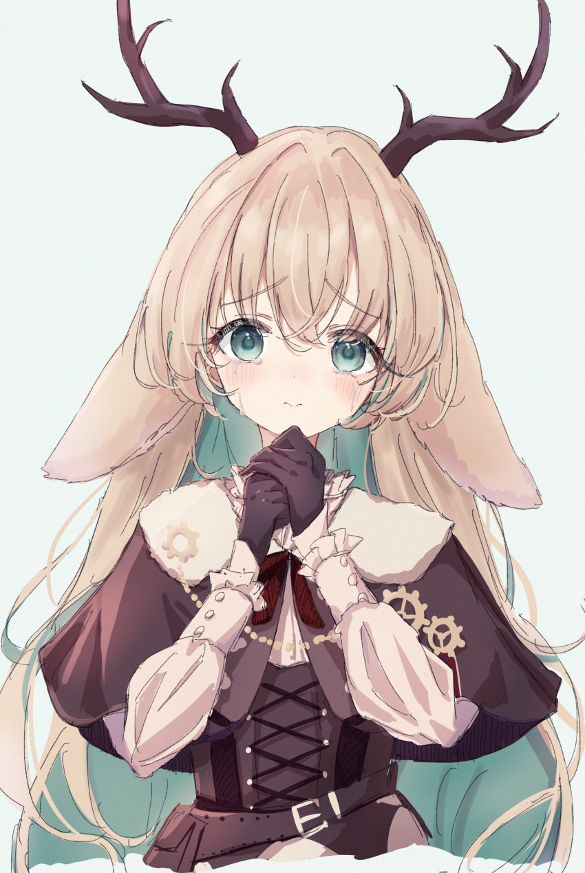 1girl absurdres animal_ears antlers belt black_gloves blonde_hair blue_background blue_eyes blue_hair blush brown_belt brown_capelet brown_corset capelet closed_mouth colored_inner_hair commentary_request corset crying crying_with_eyes_open deer_ears gloves highres horns long_hair long_sleeves looking_at_viewer medium_bangs multicolored_hair nanashi_inc. own_hands_together shirt shishishi simple_background solo tears tsukinoki_tirol upper_body virtual_youtuber white_shirt