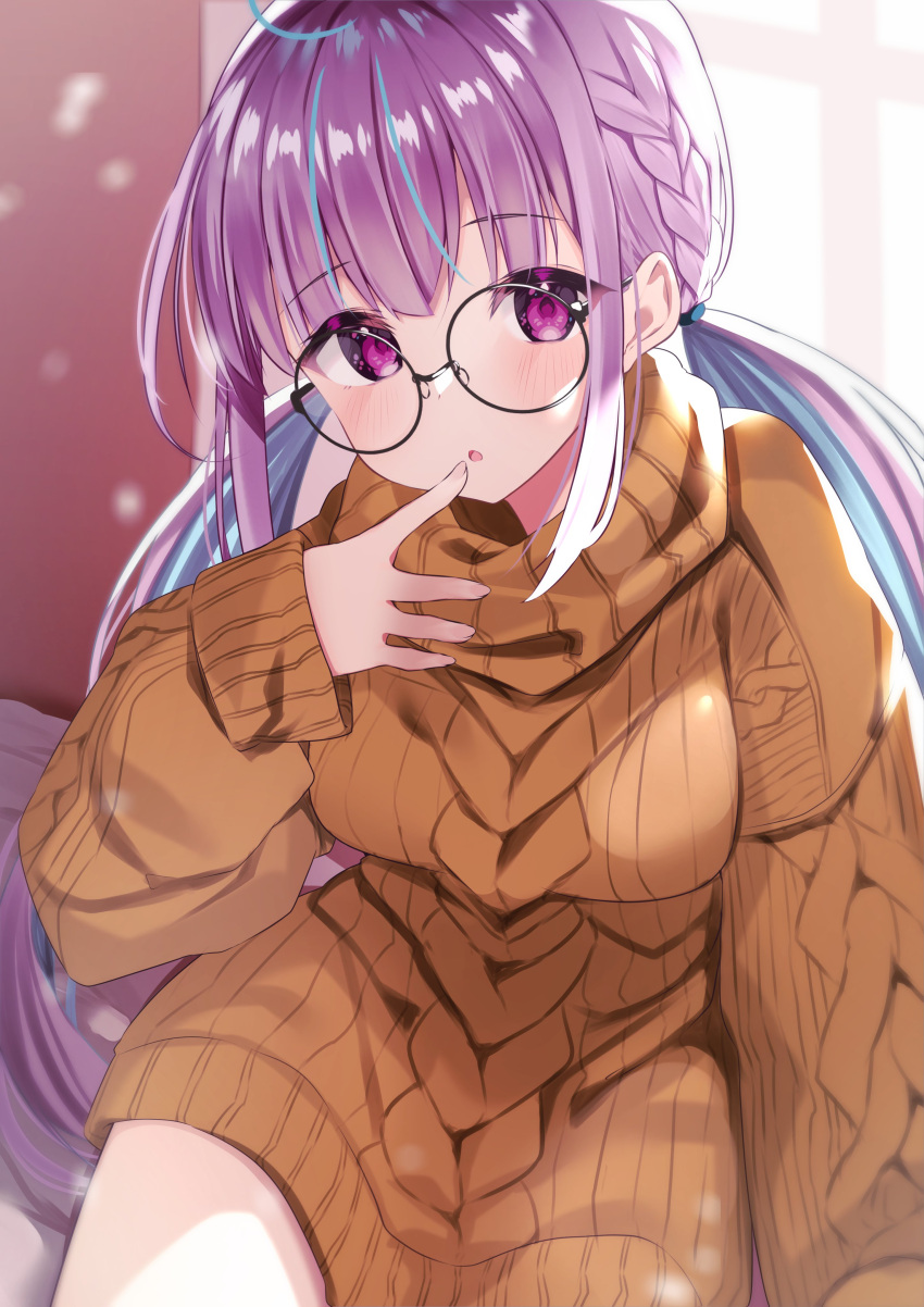 1girl :o absurdres alternate_costume black-framed_eyewear blue_hair blush borumete braid breasts brown_sweater commentary_request finger_to_mouth glasses hand_up highres hololive indoors long_hair long_sleeves looking_at_viewer low_twintails minato_aqua multicolored_hair puffy_long_sleeves puffy_sleeves purple_hair round_eyewear side_braid sidelocks sitting solo streaked_hair sweater turtleneck turtleneck_sweater twintails very_long_hair violet_eyes virtual_youtuber