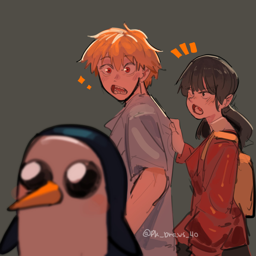 1boy 1girl absurdres adventure_time bird black_eyes black_hair chainsaw_man denji_(chainsaw_man) distracted_boyfriend_(meme) dkajart excited grey_background gunter_(adventure_time) highres meme mitaka_asa orange_bag orange_eyes orange_hair penguin pk_draws_40 red_shirt sharp_teeth shirt teeth