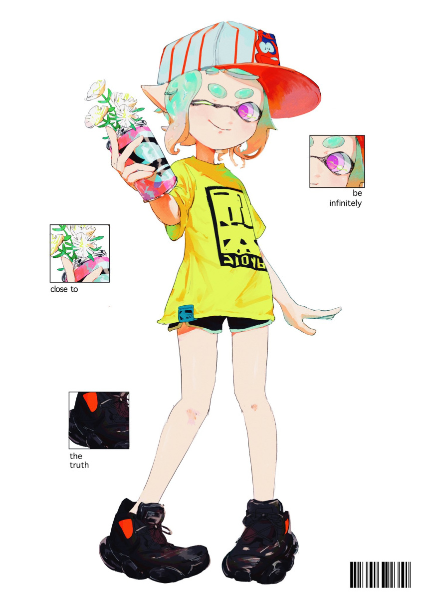 1girl ;) arm_at_side barcode baseball_cap black_footwear black_shorts blue_hair blue_trim close-up closed_mouth commentary_request dolphin_shorts english_text flower full_body hat highres holding_vase inkling inkling_girl inkling_player_character looking_at_viewer multicolored_hair multiple_views one_eye_closed orange_hair pink_eyes pointy_ears pppmepl print_shirt shirt short_hair short_sleeves shorts simple_background smile splatoon_(series) splatoon_3 standing striped_clothes striped_headwear tentacle_hair thick_eyebrows two-tone_hair two-tone_headwear vase white_background white_flower white_hat yellow_shirt