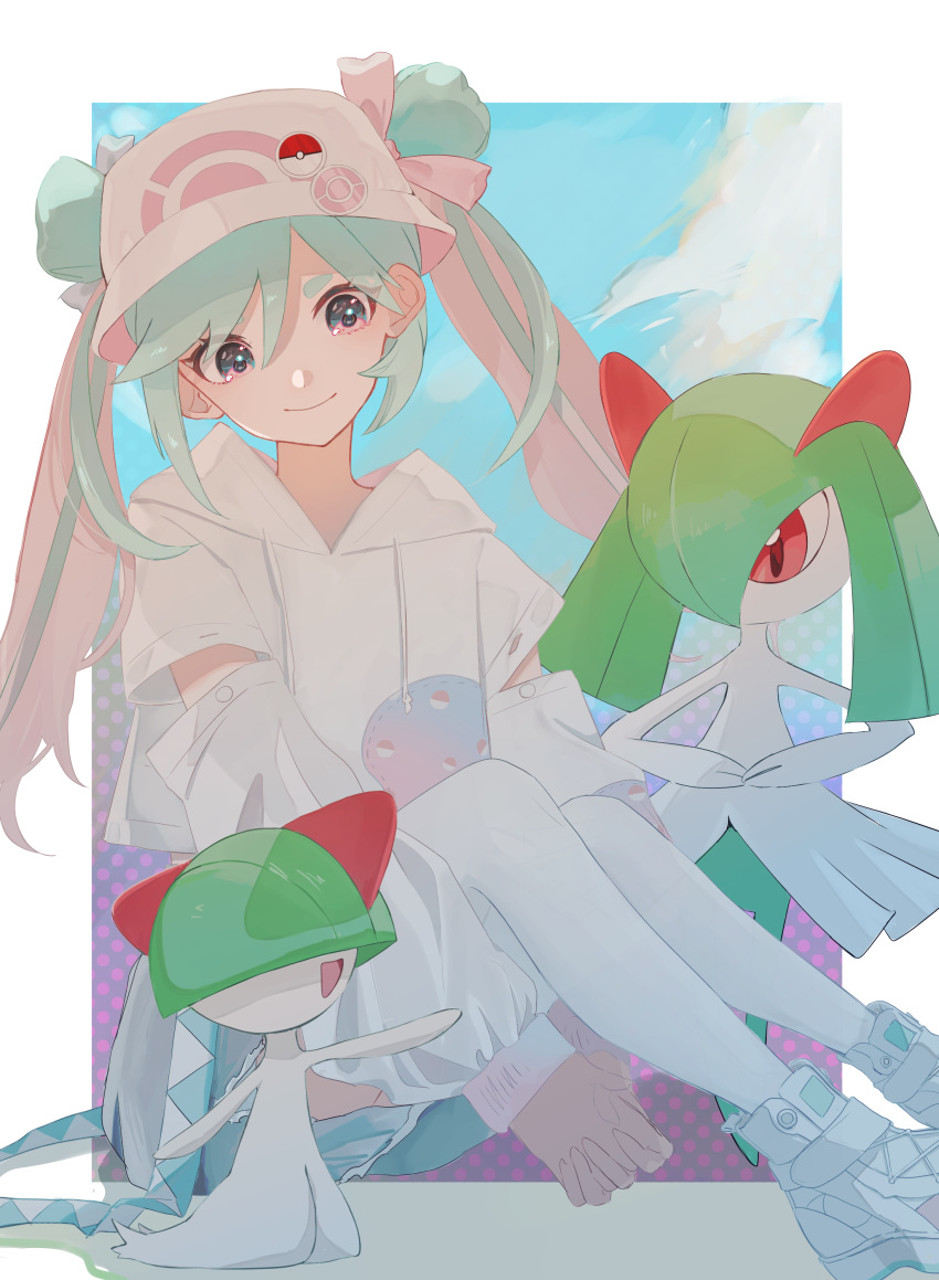 absurdres aqua_hair beanie blue_sky colored_skin cropped_hoodie double_bun glorious_day_(vocaloid) green_hair hair_between_eyes hair_bun hair_over_eyes hair_over_one_eye hat hatsune_miku highres hood hoodie icu61337207_kou kirlia long_hair multicolored_skin open_mouth pokemon pokemon_(creature) project_voltage ralts red_eyes sidelocks sitting sky smile thigh-highs twintails two-tone_skin vocaloid white_footwear white_skin white_thighhighs