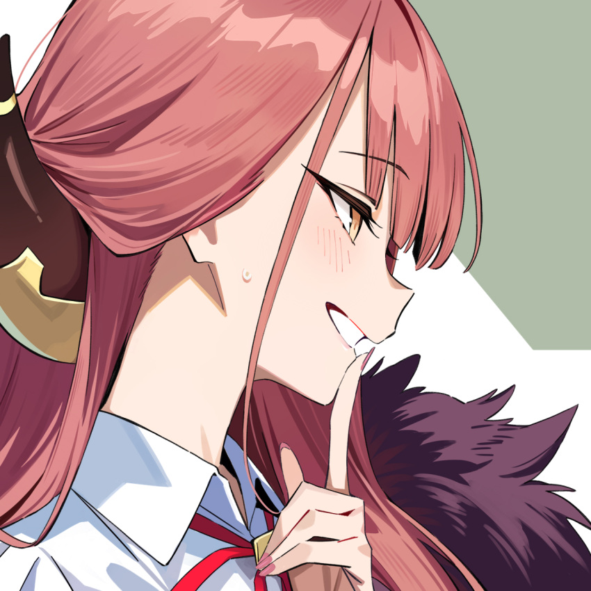 1girl aru_(blue_archive) blue_archive blush brown_horns collared_shirt highres horns index_finger_raised long_hair neck_ribbon profile red_ribbon redhead ribbon shirt smile solo sweatdrop upper_body white_shirt xiaoxiao_de_kuangsan yellow_eyes