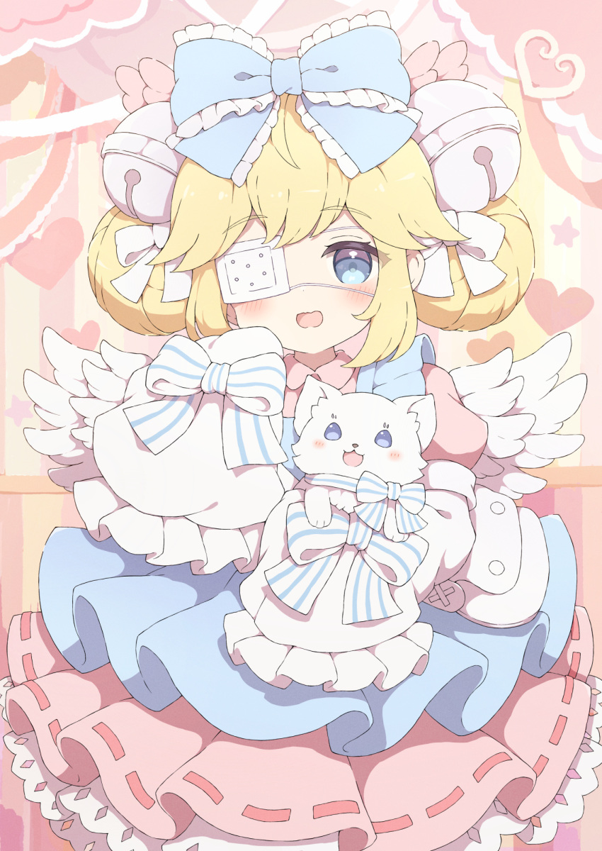 1girl :d bell blonde_hair blue_bow blue_eyes bow cat commission cutesu_(cutesuu) dress eyepatch hair_bell hair_bow hair_ornament highres jingle_bell long_sleeves medical_eyepatch open_mouth original skeb_commission sleeves_past_fingers sleeves_past_wrists smile tyakomes variant_set wings
