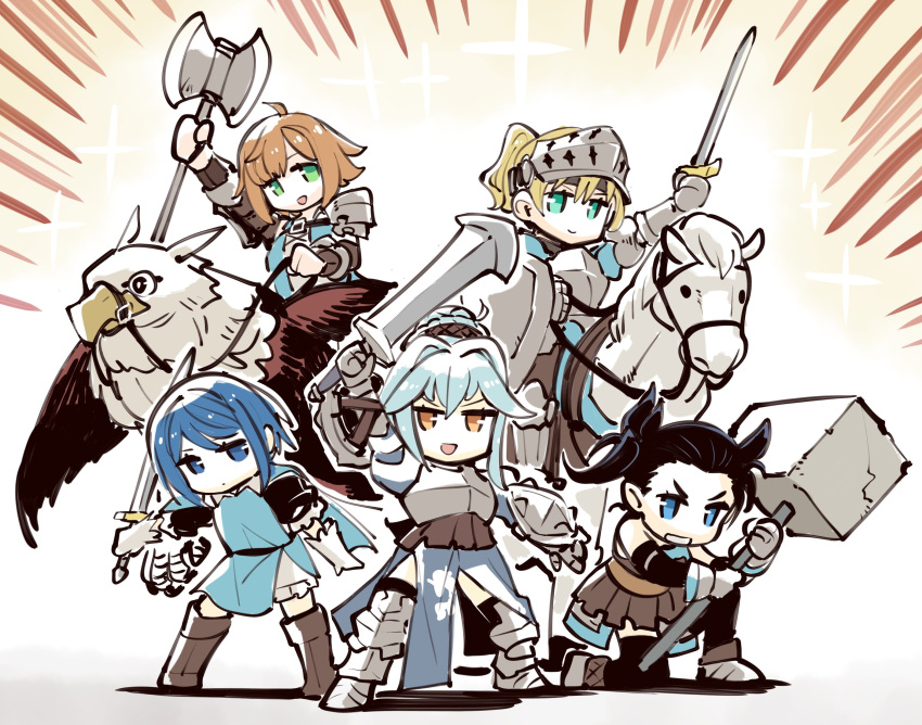 5girls arm_up armor axe black_hair black_thighhighs blonde_hair blue_cape blue_dress blue_eyes blue_hair blue_tabard boots breastplate brown_eyes brown_footwear brown_hair cape chibi detached_sleeves dress fran_(unicorn_overlord) full_body gauntlets gloves greaves green_eyes griffin hair_bun hammer helmet high_ponytail highres holding holding_axe holding_hammer holding_sword holding_weapon horseback_riding ishiyumi juliet_sleeves kitra_(unicorn_overlord) leah_(unicorn_overlord) long_sleeves miriam_(unicorn_overlord) multiple_girls on_one_knee pauldrons ponytail puffy_sleeves reverse_grip riding riding_animal shield short_hair short_twintails shoulder_armor smile standing sword tabard thigh-highs twintails unicorn_overlord v-shaped_eyebrows virginia_(unicorn_overlord) weapon white_background white_gloves