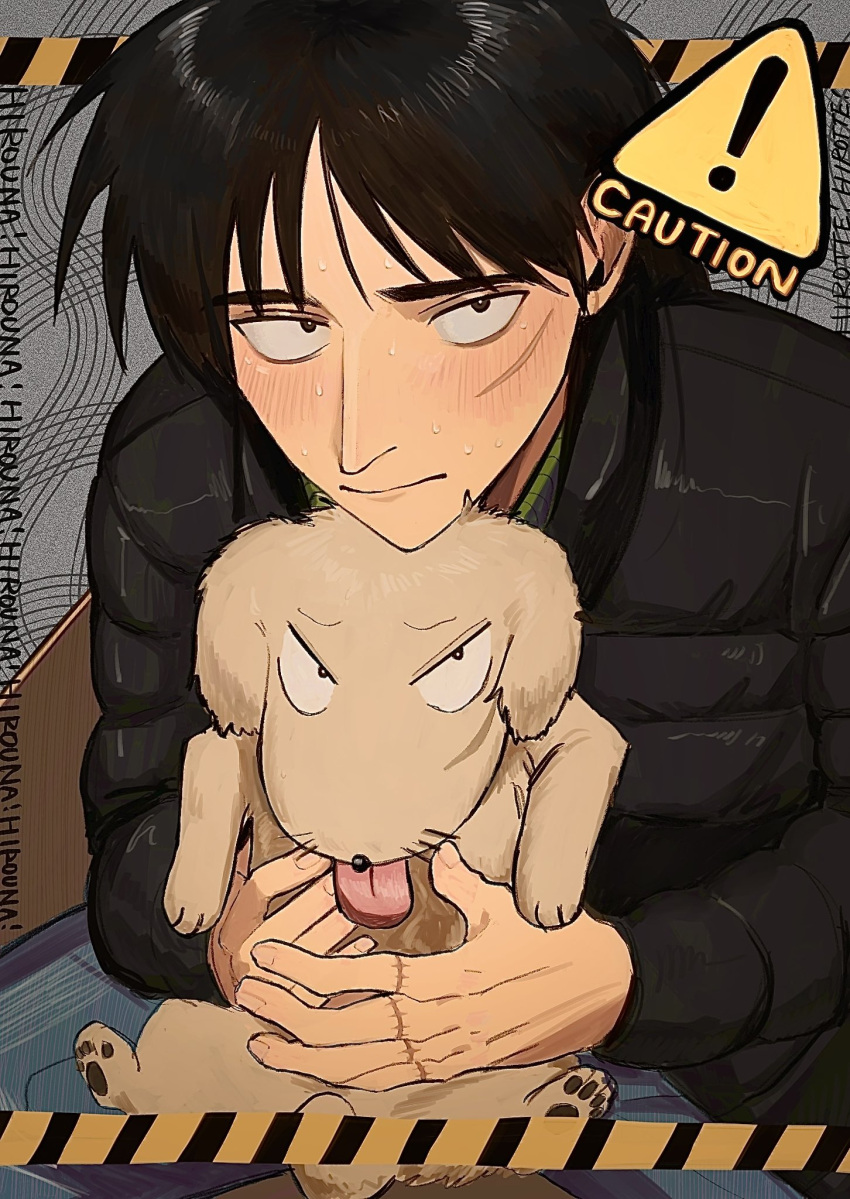 ! 1boy animal beachricefield black_coat black_hair caution_tape closed_mouth coat commentary_request dog grey_background highres holding holding_animal holding_dog itou_kaiji kaiji leaning_forward long_hair long_sleeves looking_at_viewer male_focus medium_bangs pointy_nose puffy_coat sanpaku scar scar_on_cheek scar_on_face scar_on_hand sign solo sweat upper_body warning_sign