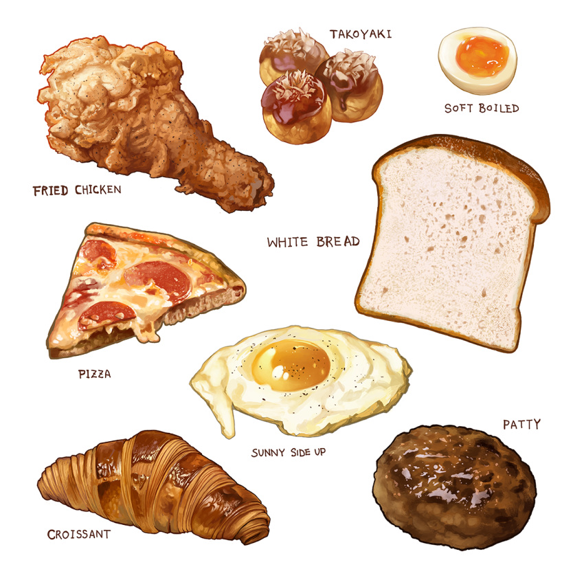 bread bread_slice cheese chicken_(food) croissant egg_(food) food food_focus food_name fried_chicken fried_egg jchoy meat no_humans original pepperoni pizza pizza_slice softboiled_egg takoyaki white_background