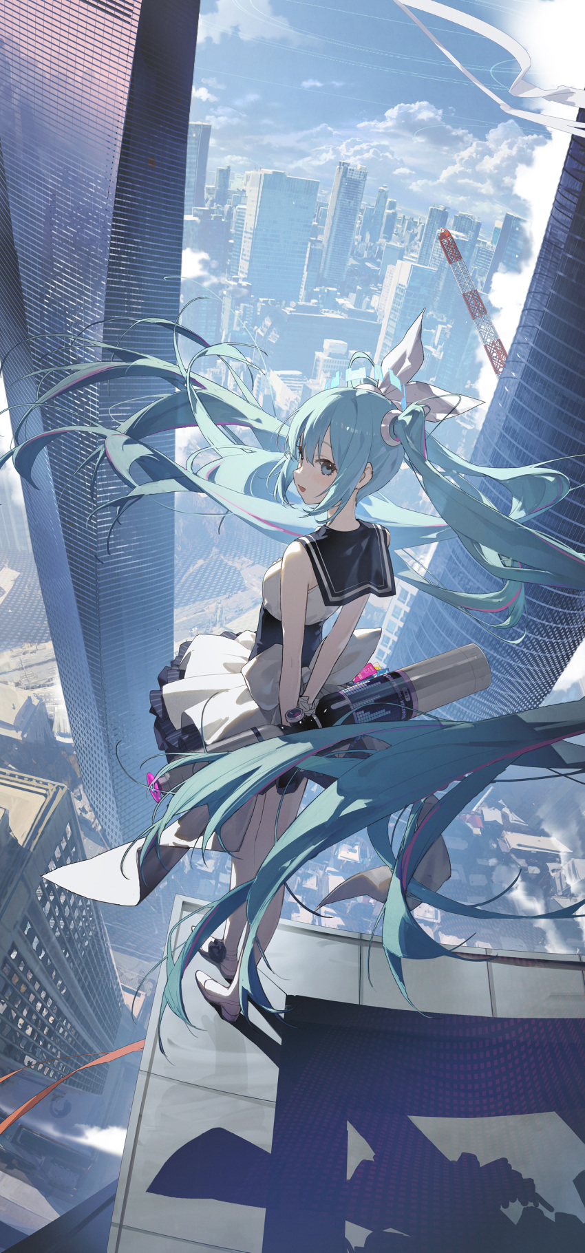 1girl absurdly_long_hair absurdres aqua_eyes aqua_hair arms_behind_back blue_archive blue_dress blue_halo blue_sailor_collar blue_skirt blue_sky bow building cityscape clouds coattails crane_(machine) dress flats from_behind gas_cylinder hair_bow hair_ornament halo hatsune_miku highres holding kieed long_hair looking_at_viewer multicolored_hair on_roof pleated_skirt rooftop sailor_collar skirt sky skyscraper sleeveless sleeveless_dress solo standing streaked_hair turning_head twintails two-tone_dress very_long_hair waist_ribbon white_bow white_dress white_footwear white_skirt wide_shot wind
