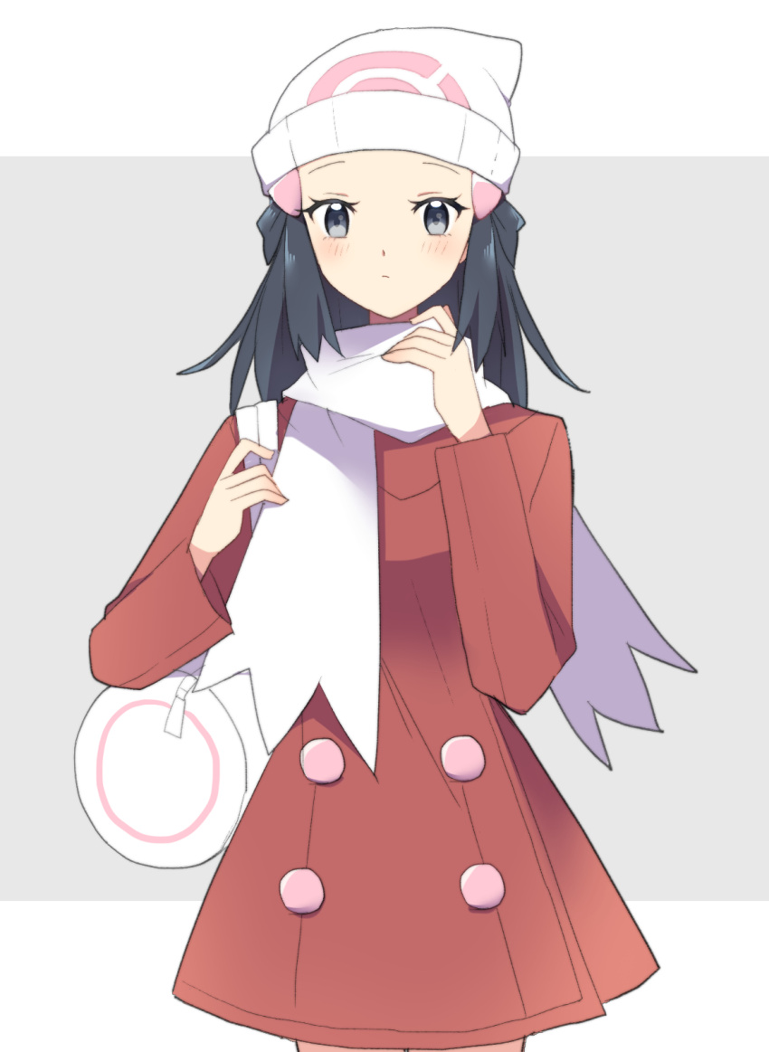 1girl bag beanie black_hair blush buttons closed_mouth coat commentary_request duffel_bag eyelashes grey_background grey_eyes hair_ornament hairclip hat highres hikari_(pokemon) long_hair long_sleeves ohn_pkmn pokemon pokemon_dppt pokemon_platinum red_coat scarf sidelocks solo white_bag white_hat white_scarf