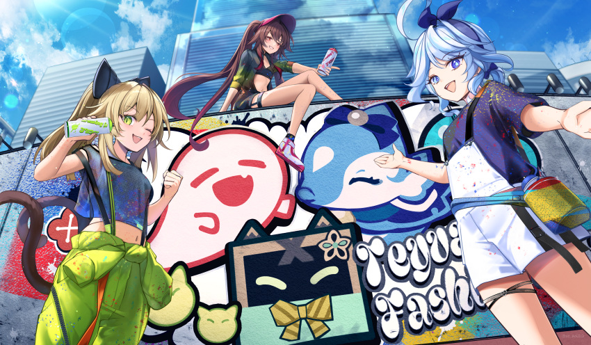 3girls :d ;d absurdres alternate_costume asahi_(vjss4548) black_shorts black_socks blue_eyes blue_hair blue_hairband blue_shirt blue_sky boo_tao_(genshin_impact) brown_hair building cat_girl cat_tail city clouds commentary_request contemporary day demon_girl_with_heterochromia_(enkyo_yuuichirou) drop-shaped_pupils furina_(genshin_impact) genshin_impact graffiti green_eyes green_jumpsuit green_shirt grin hairband highres hu_tao_(genshin_impact) jumpsuit jumpsuit_around_waist kirara_(genshin_impact) long_hair looking_at_viewer midriff multiple_girls multiple_tails navel one_eye_closed open_mouth outdoors paint_on_body paint_on_clothes ponytail red_eyes shirt shoes short_sleeves shorts sitting_on_wall sky skyscraper slit_pupils smile sneakers socks spray_paint surintendante_chevalmarin suspenders symbol-shaped_pupils t-shirt tail twintails two_tails very_long_hair visor_cap white_footwear