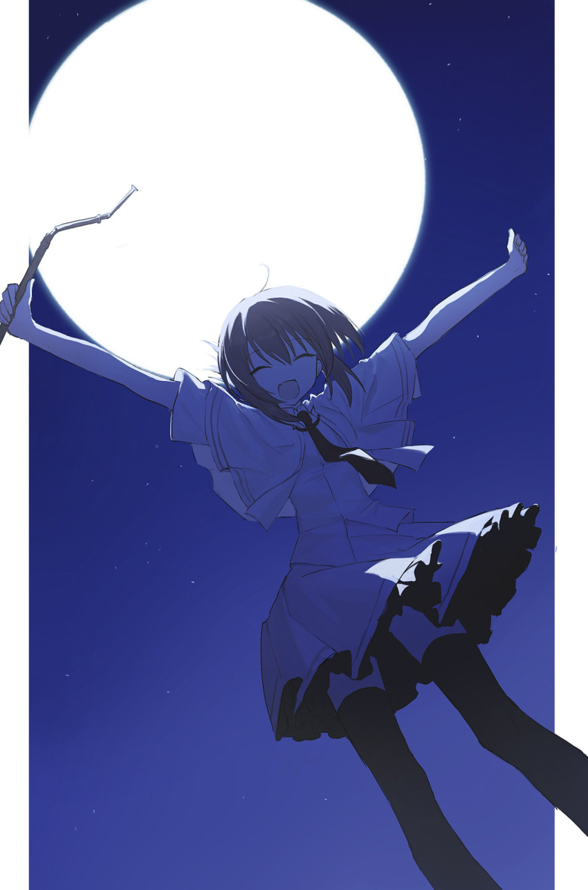 1girl arms_up backlighting black_thighhighs blue_sky broken brown_hair capelet closed_eyes commentary facing_viewer fang feet_out_of_frame folded_ponytail full_moon hai_(haihki) highres holding holding_pointer looking_at_viewer moon moonlight necktie night open_mouth outside_border pillarboxed pointer red_necktie shirt short_hair short_sleeves skin_fang skirt sky smile solo star_(sky) subarashiki_hibi symbol-only_commentary tachibana_kimika thigh-highs white_capelet white_shirt white_skirt
