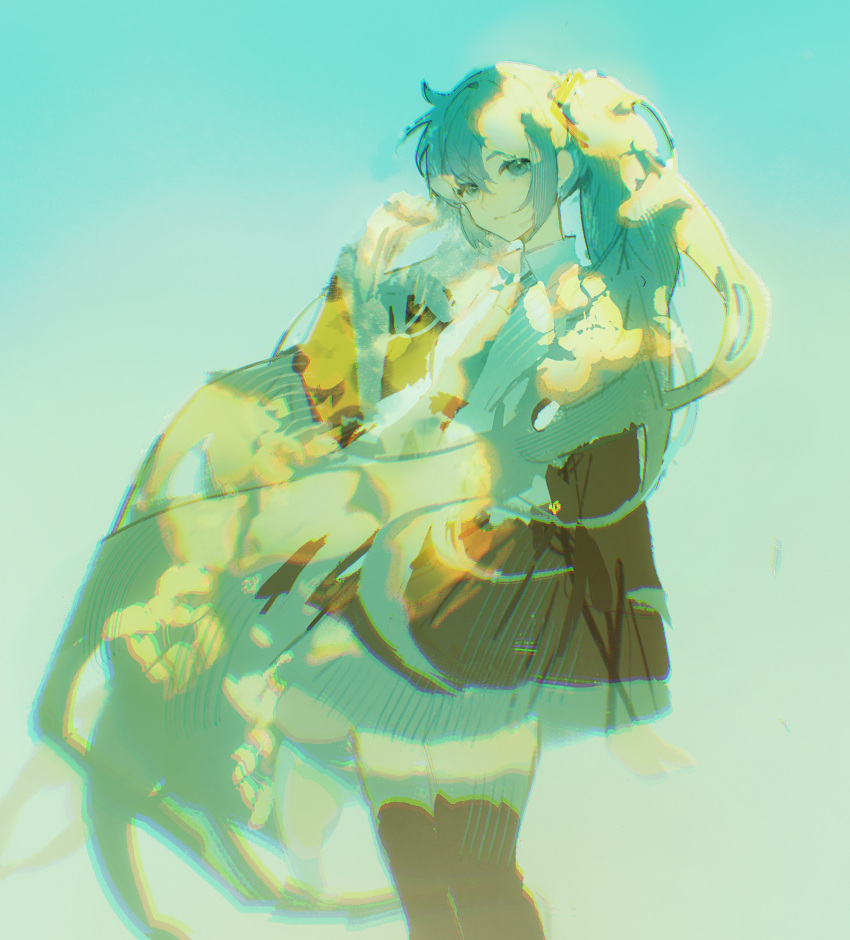 1girl black_skirt black_thighhighs blue_background blue_eyes blue_hair blue_shirt chromatic_aberration collared_shirt dappled_sunlight escapeeverytime expressionless feet_out_of_frame floating_hair from_side hair_between_eyes hand_up hatsune_miku highres long_hair looking_at_viewer shirt simple_background sketch skirt solo standing striped_clothes striped_skirt sunlight thigh-highs twintails vocaloid