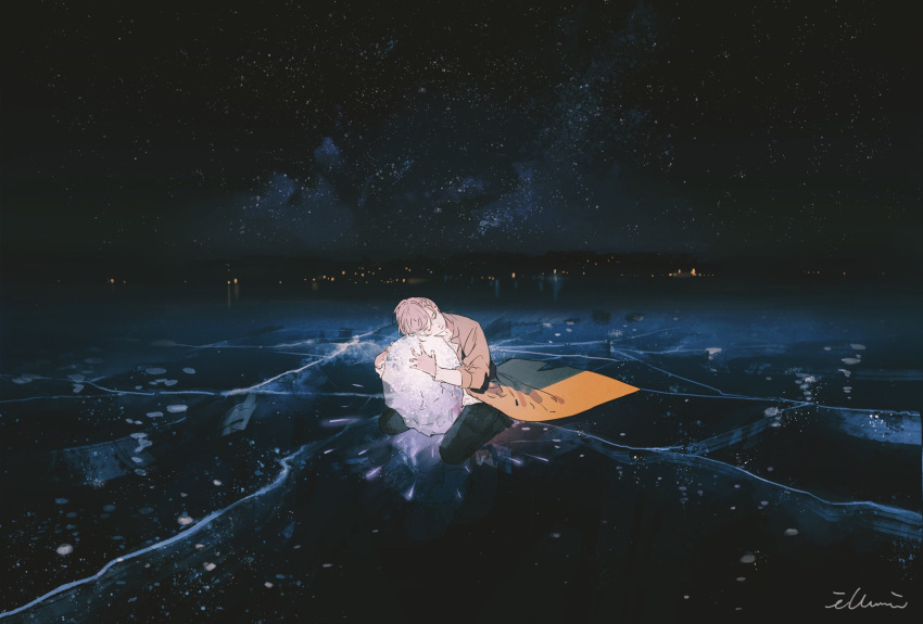 1boy artist_name brown_coat brown_gloves closed_eyes coat gloves hair_between_eyes highres holding_ice ice illumi999 light light_brown_hair male_focus nature night night_sky original outdoors scenery seiza sitting sky solo star_(sky) starry_sky