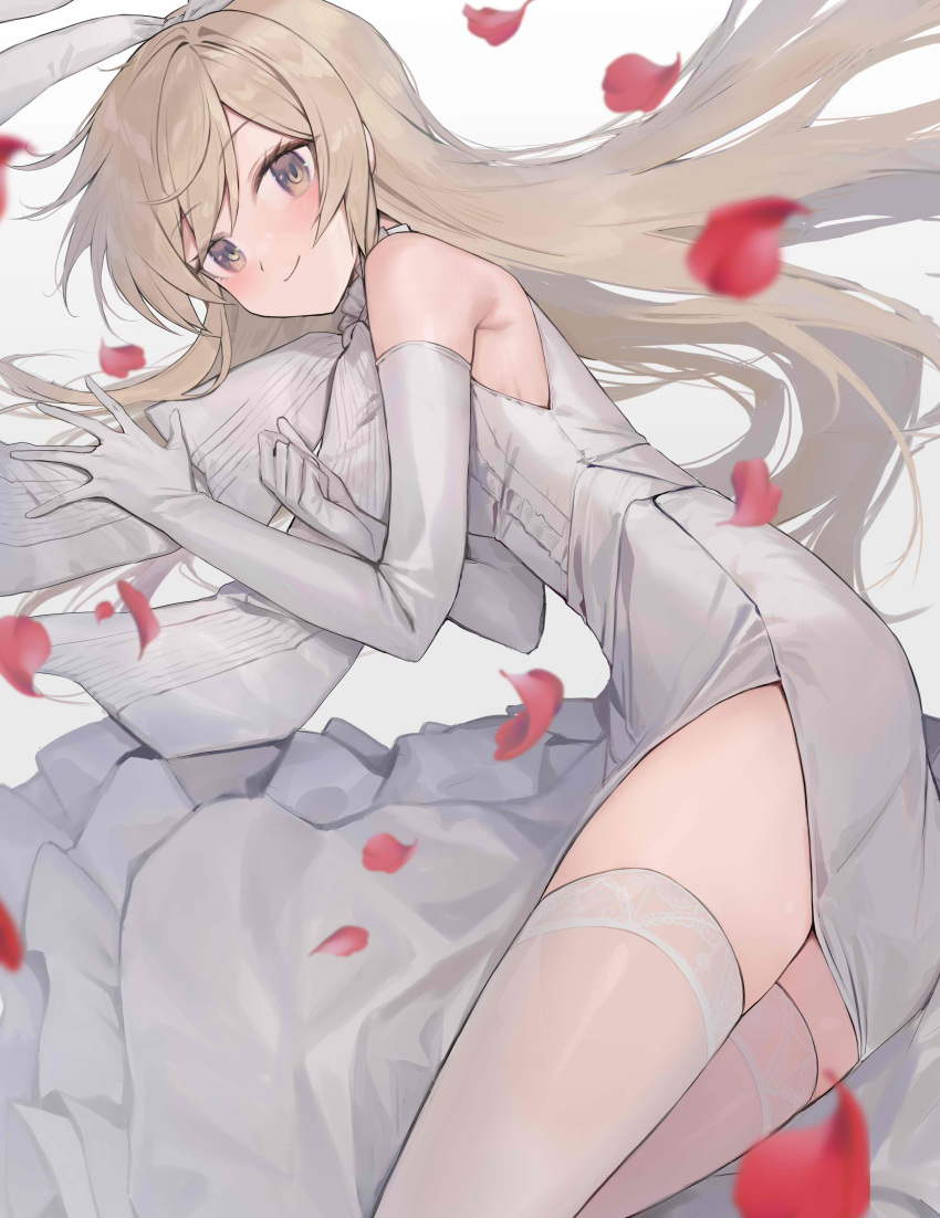 1girl absurdres alternate_costume blonde_hair blush closed_mouth dress elbow_gloves gloves highres kantai_collection long_hair looking_at_viewer lying on_side petals picoli1313 shimakaze_(kancolle) simple_background sleeveless sleeveless_dress smile solo thigh-highs white_background white_dress white_thighhighs yellow_eyes