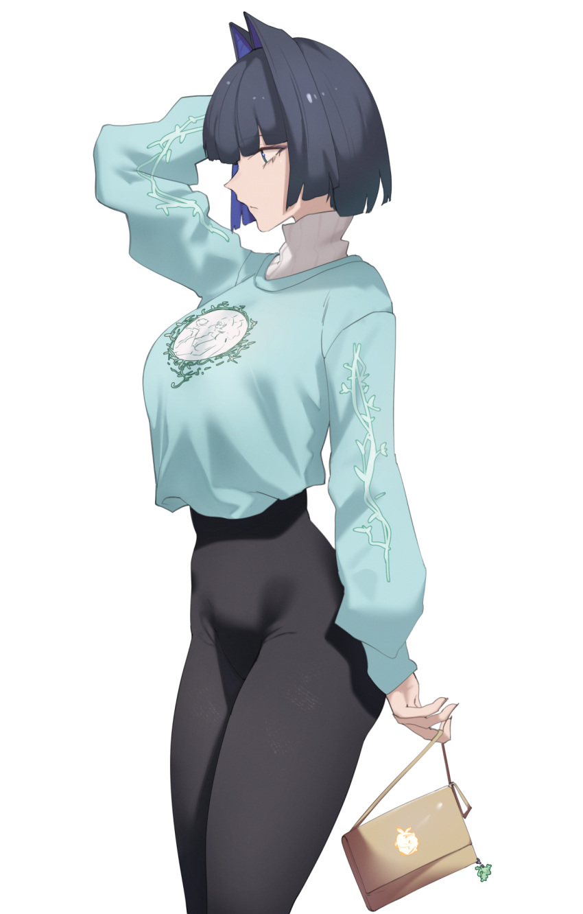 1girl bag black_hair black_pants blue_eyes blue_hair blue_sweater breasts closed_mouth colored_inner_hair cowboy_shot hair_intakes hand_on_own_head handbag highres hololive hololive_english large_breasts long_sleeves looking_ahead medium_hair multicolored_hair o22no ouro_kronii pants profile simple_background solo sweater sweater_tucked_in tight_clothes tight_pants turtleneck virtual_youtuber white_background