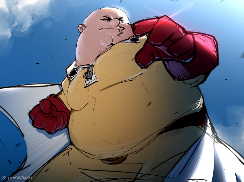 1boy bald belt black_belt blue_sky cleft_chin clenched_hand clouds cosplay day family_guy fat fat_man gloves highres jumpsuit kowai_(iamkowai) male_focus one-punch_man outdoors peter_griffin red_gloves saitama_(one-punch_man) saitama_(one-punch_man)_(cosplay) sky solo superhero_costume yellow_jumpsuit