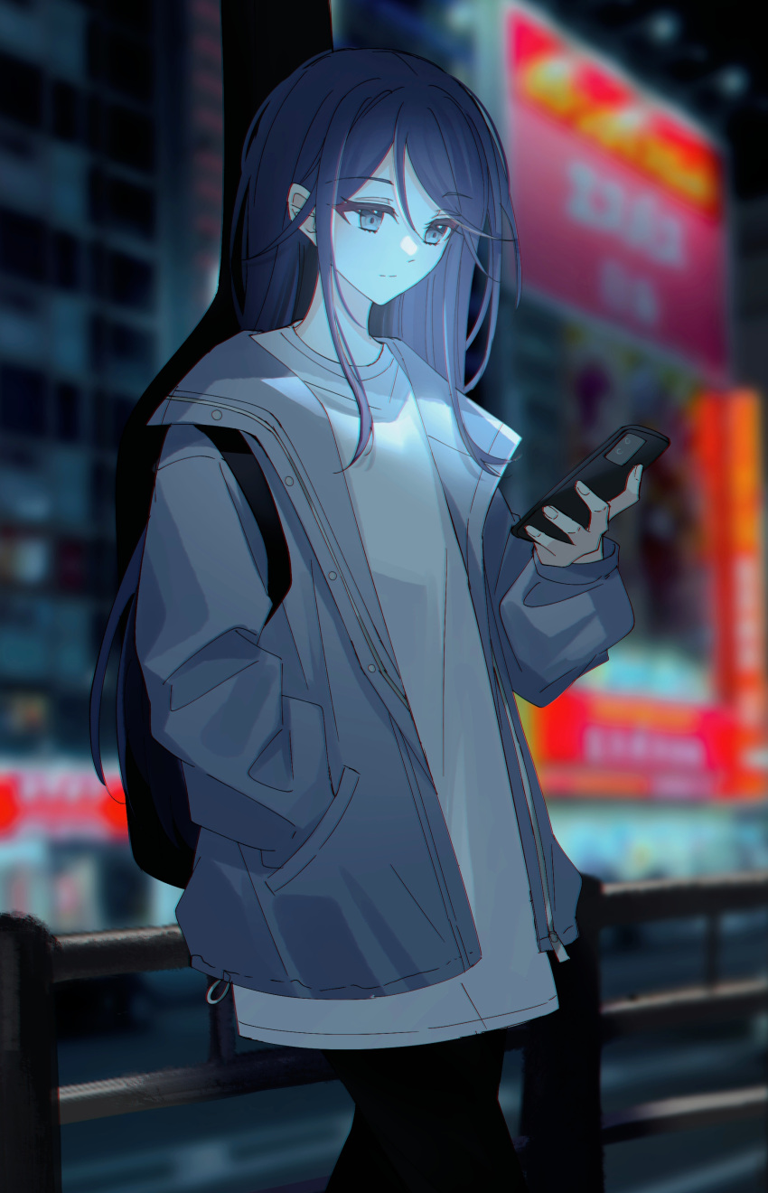 1girl absurdres against_railing black_hair cellphone city closed_mouth commentary_request expressionless grey_jacket guitar_case hand_in_pocket highres holding holding_phone hoshino_ichika_(project_sekai) instrument_case instrument_on_back jacket long_hair night outdoors phone project_sekai railing ritzchrono shirt smartphone solo white_shirt