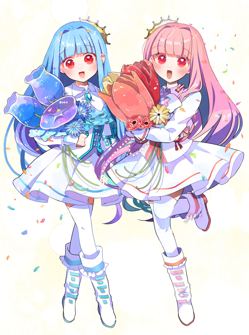 2girls absurdres alternate_costume blue_flower blue_hair blunt_bangs blush boots bouquet brooch collared_jacket commentary_request confetti crossed_legs flower flower_request full_body hair_intakes head_tilt highres holding holding_bouquet hydrangea jacket jewelry knee_boots kotonoha_akane kotonoha_aoi long_hair long_sleeves looking_at_viewer matching_outfits multiple_girls neck_ribbon open_mouth oyasumi_makura pink_flower pink_hair pink_tulip purple_flower red_eyes red_flower red_tulip ribbon siblings side-by-side sisters skirt sleeve_cuffs smile standing standing_on_one_leg thigh-highs tiara tilted_headwear tulip voiceroid watson_cross white_footwear white_jacket white_ribbon white_skirt white_thighhighs yellow_flower yellow_tulip
