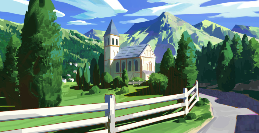 art_study blue_sky building bush church clouds cloudy_sky day fence forest grass highres house kevin_gnutzmans landscape mountain mountainous_horizon nature no_humans original outdoors plant railing road scenery shadow sky tree village window wooden_railing