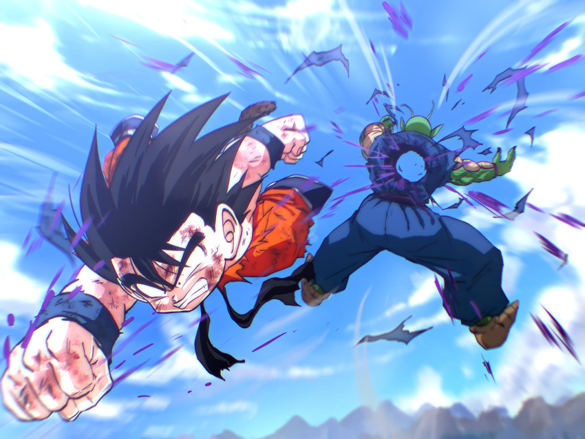 2boys absurdres antennae arm_up black_hair blue_pants blue_shirt brown_footwear clenched_hand clenched_teeth clouds colored_skin dougi dragon_ball dragon_ball_(classic) flying green_skin highres hole_in_chest hole_on_body midair monkey_tail multiple_boys namekian orange_pants pants parted_lips piccolo_daimaou pointy_ears scene_reference shirt sky son_goku speed_lines spiky_hair stmt_tmtk tail teeth torn_clothes