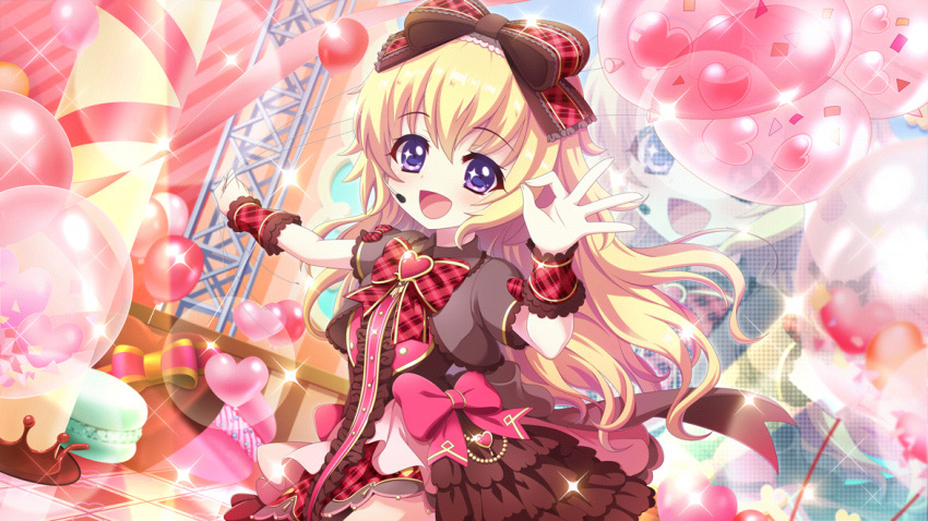 1girl :d balloon blonde_hair bow brooch brown_bow brown_dress checkered_floor chocolate concert confetti dot_nose dress dutch_angle film_grain food frilled_dress frills game_cg hair_bow hasegawa_mii headset heart heart_brooch holding holding_balloon idol idol_clothes izumi_tsubasu jewelry large_bow lens_flare long_hair macaron non-web_source official_art ok_sign open_mouth oversized_food oversized_object plaid plaid_bow plaid_wrist_cuffs re:stage! red_bow red_wrist_cuffs screen short_sleeves smile solo sparkle sparkling_eyes stage streamers two-tone_bow valentine violet_eyes wrist_cuffs