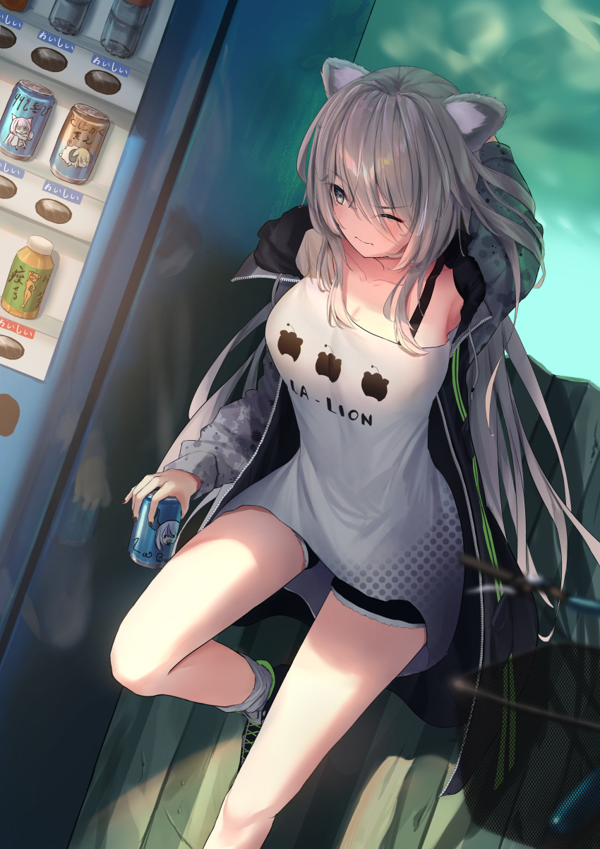 1girl absurdres animal_ears arm_behind_head black_nails black_shorts bra_strap breasts can commentary full_body grey_eyes grey_hair grey_socks hair_between_eyes high_tops highres holding holding_can hololive hood hooded_jacket jacket large_breasts lion_ears long_hair long_hair_between_eyes loose_clothes loose_shirt no_panties official_alternate_costume outdoors raglan_sleeves scratching_head shirt shishiro_botan shishiro_botan_(casual) shoes shorts single_bare_shoulder sneakers socks solar_torch solo stretching t-shirt vending_machine virtual_youtuber white_shirt
