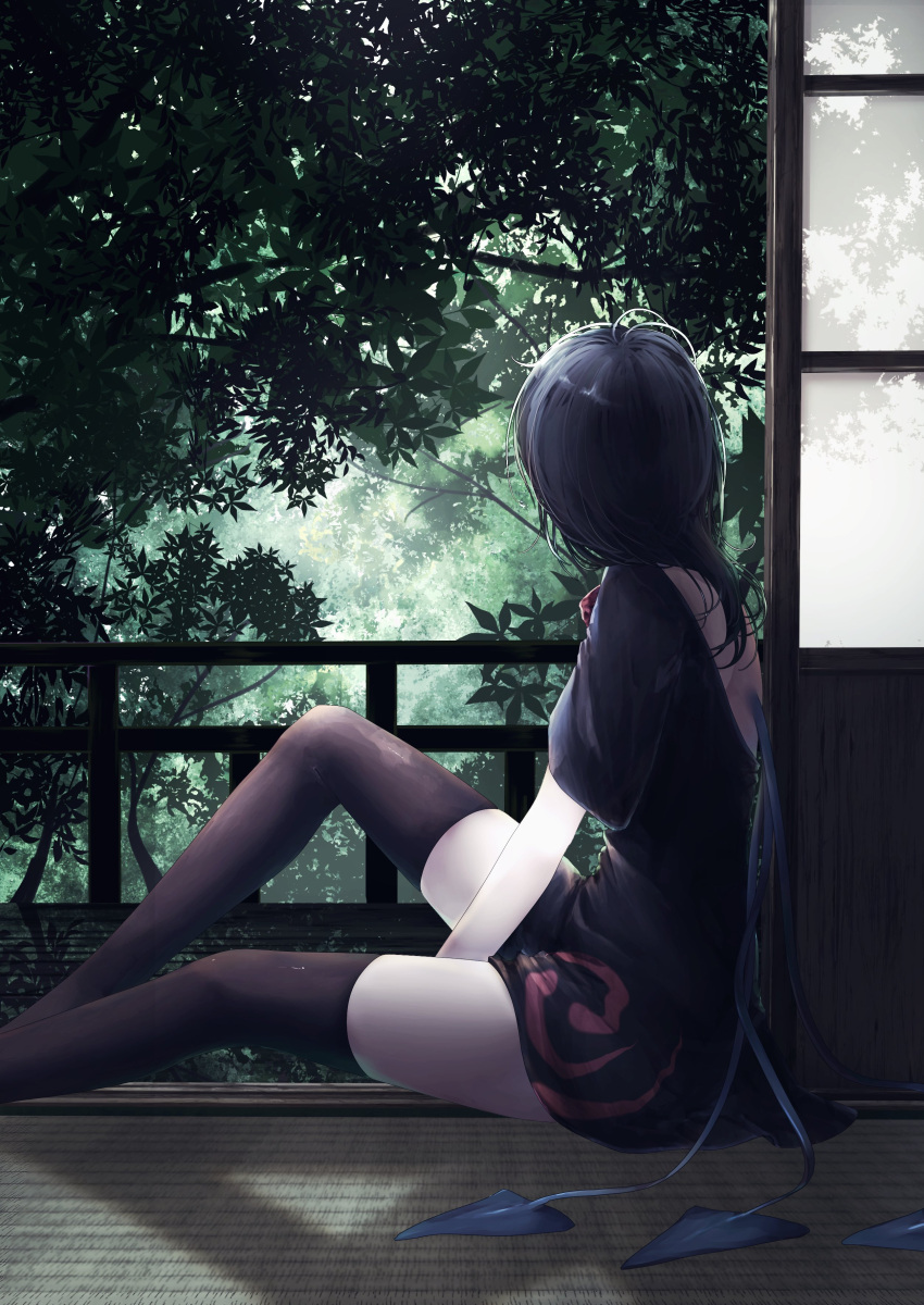 1girl absurdres back back_cutout backless_dress backless_outfit between_legs black_dress black_hair black_thighhighs blue_wings bow bowtie clothing_cutout commentary dress feet_out_of_frame forest from_side hand_between_legs hashtag-only_commentary highres houjuu_nue knee_up long_hair looking_to_the_side nature red_bow red_bowtie short_dress sitting solo t_terano thigh-highs tomoe_(symbol) touhou tree wings zettai_ryouiki