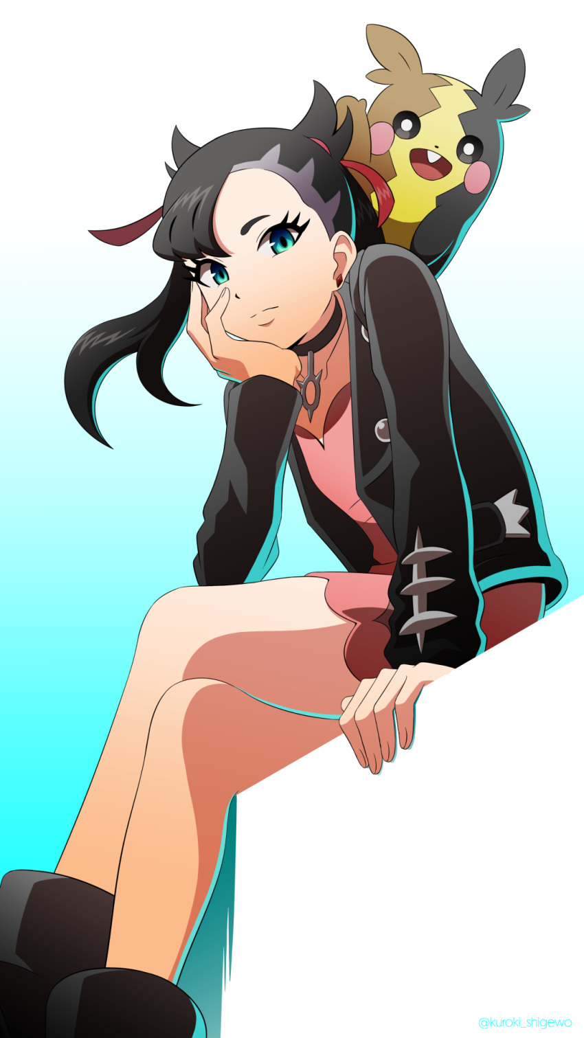 1girl arm_support asymmetrical_bangs black_choker black_footwear black_hair black_jacket boots choker closed_mouth commentary_request crossed_legs dress earrings elbow_rest eyelashes from_below green_eyes hair_ribbon head_rest highres hunched_over jacket jewelry kuroki_shigewo looking_at_viewer marnie_(pokemon) morpeko morpeko_(full) open_clothes open_jacket pink_dress pokemon pokemon_(creature) pokemon_on_back pokemon_swsh red_ribbon revision ribbon sitting thighs twintails undercut