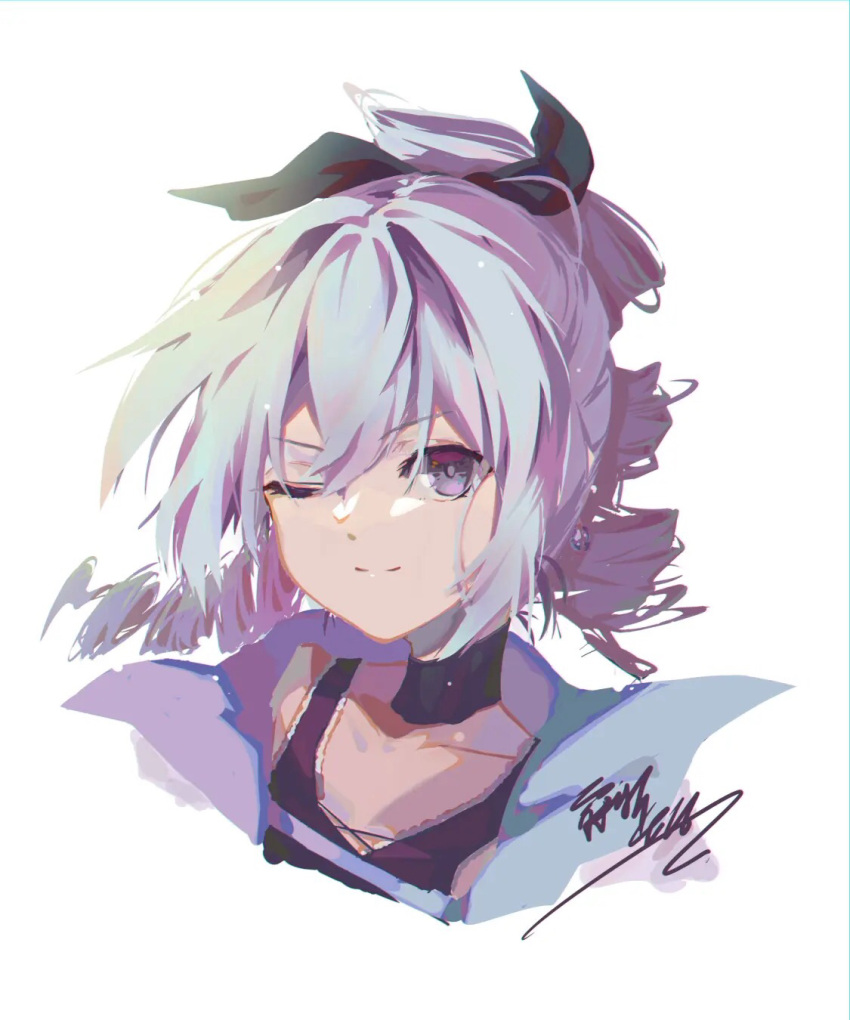 1girl black_choker black_shirt bronya_zaychik choker hair_between_eyes highres honkai_(series) honkai_impact_3rd jacket linxi long_hair looking_at_viewer one_eye_closed open_clothes ponytail shirt signature simple_background sleeveless smile solo upper_body violet_eyes white_background white_hair white_jacket