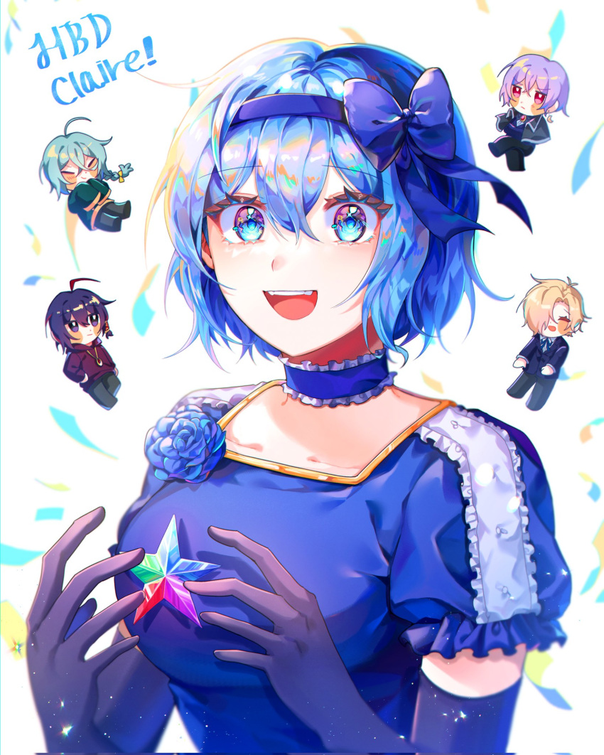 1girl 4boys aqua_hair ashe_bradley black_capelet black_gloves black_pants blonde_hair blue_bow blue_choker blue_eyes blue_flower blue_hair blue_hairband blue_ribbon blue_suit blush_stickers bow braid breasts capelet character_name chibi chibi_inset choker claire_elford closed_eyes closed_mouth collarbone crescent crescent_earrings earrings elbow_gloves flower frilled_choker frills gloves green_jacket hair_between_eyes hair_bow hair_intakes hairband happy_birthday highres holding holding_star hood hood_down hoodie jacket jewelry large_breasts multiple_boys necklace noel_levine open_mouth own_hands_together pants pu0070201 puffy_short_sleeves puffy_sleeves purple_hair red_eyes red_hoodie redhead ribbon shiny_eyes shirt short_hair short_sleeves single_braid sirius_gibson smile solo_focus star_(symbol) suit teeth upper_teeth_only violet_eyes white_background white_shirt wilardo_adler witch's_heart yellow_trim
