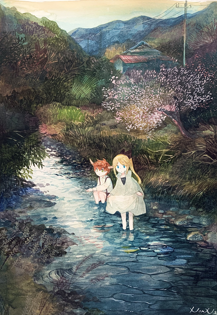 2girls absurdres animal_ears artist_name blonde_hair blue_eyes brown_hair dress grass highres house long_hair looking_at_another multiple_girls non_na original outdoors painting_(medium) ponytail power_lines river scenery short_hair signature sitting skirt_hold sky smile soaking_feet traditional_media tree water watercolor_(medium) white_dress