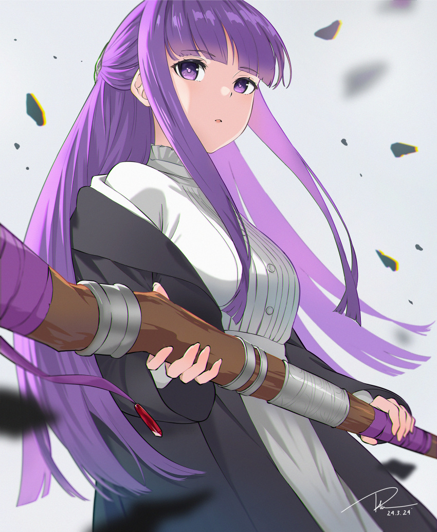 1girl absurdres black_robe blunt_bangs blunt_ends collar commentary dai_(tdaitw) dated debris dress fern_(sousou_no_frieren) frilled_collar frills grey_background hair_ornament hands_up high_collar highres holding holding_wand long_hair looking_at_viewer off_shoulder open_mouth purple_hair purple_ribbon ribbon robe sidelocks signature simple_background solo sousou_no_frieren upper_body violet_eyes wand white_dress