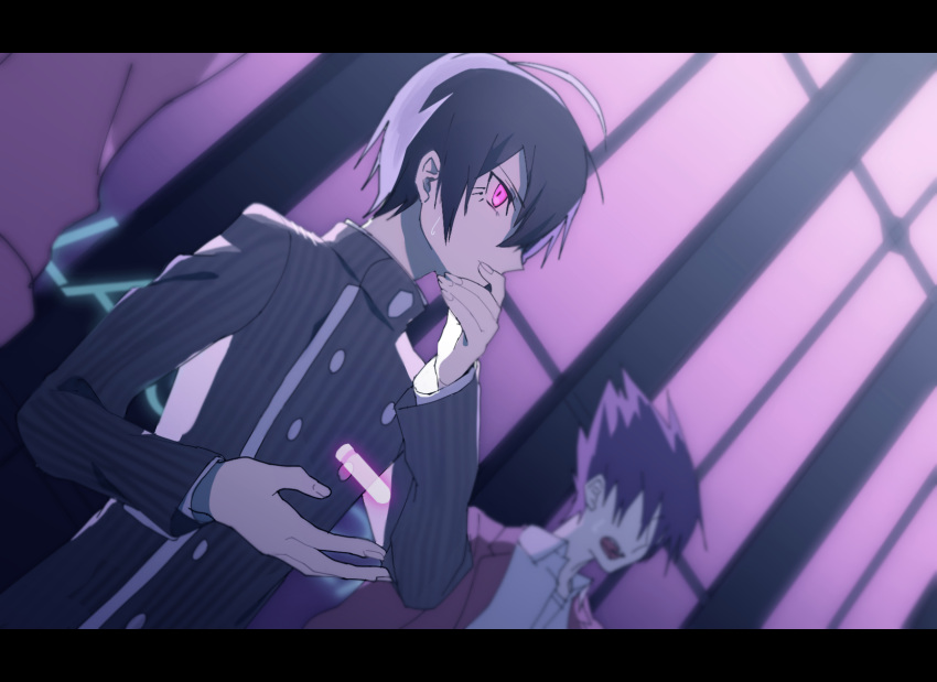 2boys black_hair bullet buttons chromatic_aberration coat coattails collared_coat collared_jacket commentary_request covered_mouth danganronpa_(series) danganronpa_v3:_killing_harmony double-breasted dutch_angle eyelashes fingernails grey_jacket grey_sleeves hair_over_one_eye hand_on_own_chin highres indoors jacket layered_sleeves letterboxed long_sleeves male_focus momota_kaito multiple_boys nagichiro open_clothes open_coat open_mouth outstretched_hand pink_coat pink_eyes pinstripe_jacket pinstripe_pattern purple_hair saihara_shuichi shirt short_hair solo_focus spiky_hair sweatdrop teeth upper_teeth_only vertical-striped_sleeves white_jacket white_shirt window
