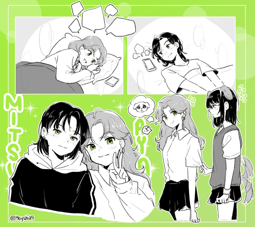 2girls blank_speech_bubble blanket breasts cellphone character_name clothes_grab collared_shirt commentary cowboy_shot cropped_torso dog dog_girl dog_tail dress_shirt ear_piercing earrings flat_chest flying_sweatdrops glasses green_background green_eyes green_theme hood hood_down hoodie hoop_earrings jewelry kininatteru_hito_ga_otoko_ja_nakatta koga_mitsuki long_hair looking_at_another looking_at_viewer lying medium_hair meyshi miniskirt multiple_girls multiple_views on_back on_bed on_side oosawa_aya pajamas parted_bangs partially_colored phone piercing pillow pleated_skirt school_uniform shirt short_sleeves side-by-side skirt sleeve_grab small_breasts smartphone smile sparkle speech_bubble standing sweater_vest tail tail_wagging talking_on_phone thighs thought_bubble tomboy twitter_username v wavy_hair
