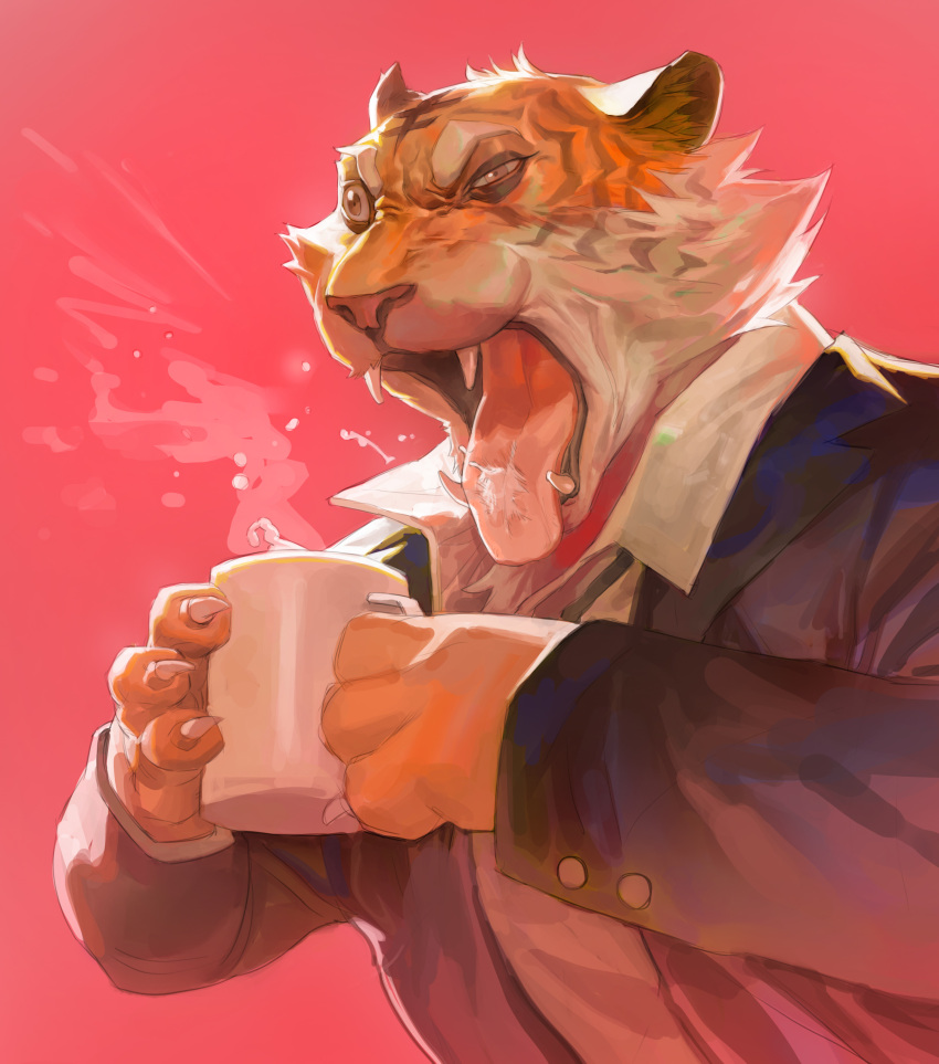 1boy absurdres barbed_tongue black_jacket cat's_tongue claws cup fangs furry furry_male hieumay highres holding holding_cup jacket male_focus mug original red_background shirt simple_background solo steam tiger_boy tongue tongue_out upper_body white_shirt