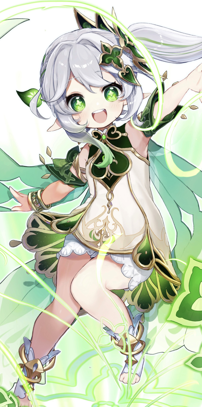 1girl :d absurdres arm_cuffs bloomers bracelet brown_dress commentary_request detached_sleeves dress flower flower-shaped_pupils full_body genshin_impact gold_trim gradient_background gradient_hair green_background green_eyes green_hair grey_hair hair_between_eyes hair_ornament hand_up highres jewelry kekeke606 leaf_hair_ornament long_hair looking_at_viewer multicolored_hair nahida_(genshin_impact) open_mouth pointy_ears short_sleeves side_ponytail sidelocks smile solo stirrup_footwear symbol-shaped_pupils teeth toeless_footwear tongue upper_teeth_only white_bloomers white_footwear