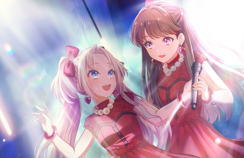 2girls :d bead_necklace beads blonde_hair blue_eyes bow breasts brown_hair do!_do!_do!_(love_live!) dress dutch_angle earrings eye_contact fang fujishima_megumi game_cg hair_bow heart heart_earrings highres holding holding_microphone jewelry light_particles link!_like!_love_live! long_hair looking_at_another love_live! medium_breasts microphone mira-cra_park! multiple_girls necklace official_art open_mouth osawa_rurino parted_bangs red_bow red_bracelet red_dress sleeveless sleeveless_dress smile sweat teeth third-party_source twintails two_side_up upper_teeth_only violet_eyes virtual_youtuber