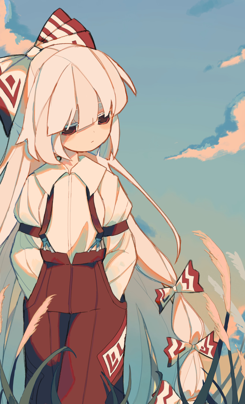 1girl absurdres arm_strap blue_sky bow closed_mouth clouds collared_shirt commentary_request cowboy_shot expressionless fujiwara_no_mokou hair_bow hands_in_pockets highres long_hair long_sleeves meonjiuikkum multiple_hair_bows outdoors pants red_bow red_eyes red_pants reeds shirt sky solo suspenders touhou two-tone_bow very_long_hair white_bow white_hair white_shirt