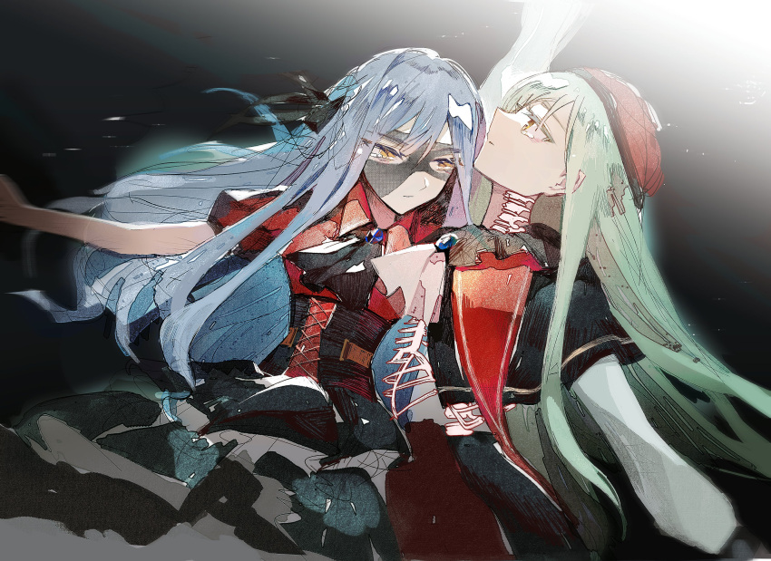 2girls ascot bang_dream! bang_dream!_it's_mygo!!!!! black_ascot black_background black_capelet black_mask black_skirt blue_hair capelet closed_mouth collared_shirt commentary green_hair hashtag-only_commentary hat highres long_hair looking_up multiple_girls red_hat red_shirt reiboubyou shirt short_sleeves skirt tearing_up tears togawa_sakiko wakaba_mutsumi white_ascot yellow_eyes