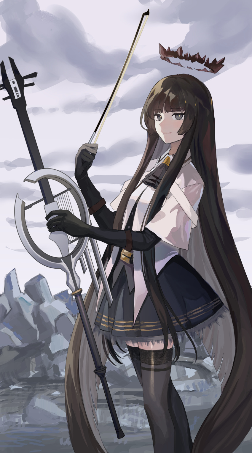 12 1girl absurdres arknights black_gloves black_hair black_skirt black_thighhighs blunt_bangs bright_pupils clouds cloudy_sky commentary feet_out_of_frame gloves grey_eyes highres holding holding_instrument instrument long_hair looking_at_viewer miniskirt outdoors shirt skirt sky smile solo standing thigh-highs very_long_hair virtuosa_(arknights) white_pupils white_shirt