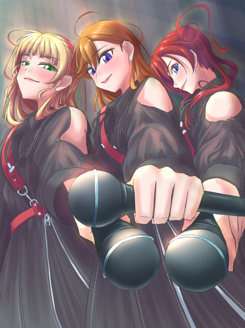 3girls absurdres black_dress blonde_hair blue_eyes catchu!_(love_live!) closed_mouth clothing_cutout commentary_request distortion_(love_live!) dress green_eyes heanna_sumire highres holding holding_microphone looking_at_viewer love_live! love_live!_superstar!! microphone multiple_girls orange_hair redhead shibuya_kanon shoulder_cutout smile standing upper_body uzuki_yuji violet_eyes yoneme_mei