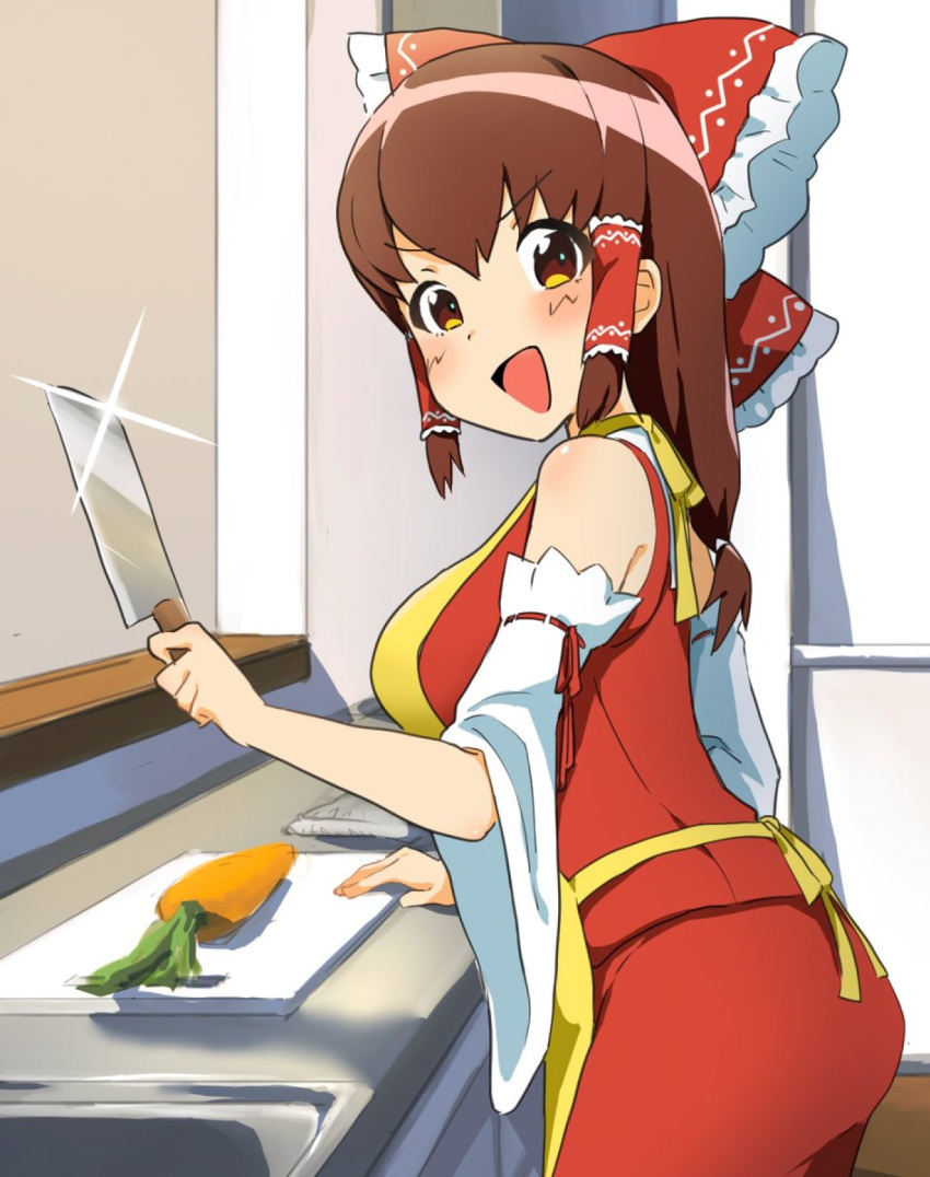 1girl apron blush bow breasts brown_eyes brown_hair carrot commentary_request cookie_(touhou) cowboy_shot cutting_board detached_sleeves frilled_bow frilled_hair_tubes frills glint hair_bow hair_tubes hakurei_reimu highres holding holding_knife indoors kanna_(cookie) kitchen_knife knife large_breasts long_hair looking_at_viewer looking_to_the_side medium_bangs open_mouth pura_(aiueo256375) red_bow red_shirt red_skirt shirt sidelocks sink skirt sleeveless sleeveless_shirt smile solo touhou v-shaped_eyebrows white_sleeves wide_sleeves yellow_apron