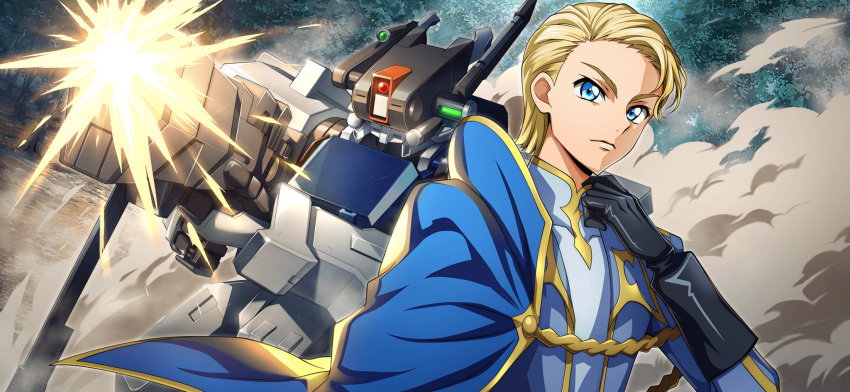 1boy artist_request black_gloves blonde_hair blue_cape blue_eyes cape closed_mouth code_geass code_geass:_lost_stories code_geass_(manga) dust dutch_angle firing forehead game_cg gloves gold_trim gun hand_up highres holding holding_gun holding_weapon jacket long_sleeves looking_at_viewer male_focus mecha military_uniform muzzle_flash non-web_source official_art one-eyed outdoors red_eyes robot schnee_hexenhaus serious shirt short_hair side_cape solo standing sutherland_(code_geass) sutherland_custom_(schnee_version) uniform upper_body v-shaped_eyebrows weapon white_jacket white_shirt