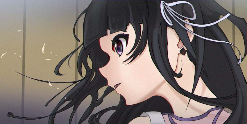 1girl absurdres awa_subaru black_hair chromatic_aberration commentary_request earclip film_grain floating_hair girls_band_cry hair_ribbon highres long_hair parted_lips portrait ribbon violet_eyes white_ribbon xy25
