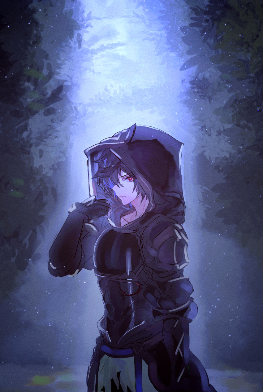 1boy adjusting_clothes ahoge armor breastplate brown_hair cape commentary_request cowboy_shot fingerless_gloves fog forest gloves granblue_fantasy green_cape hair_between_eyes highres hood hood_up light_particles looking_at_viewer makita_(homosapiensu) male_focus messy_hair nature red_eyes sandalphon_(granblue_fantasy) short_hair solo_focus tree