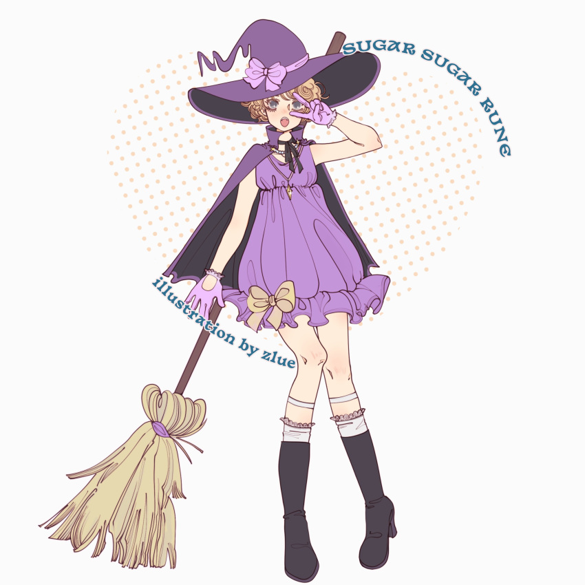 1girl absurdres blonde_hair boots broom cape copyright_name dress english_commentary full_body gloves hat heart high_heel_boots high_heels highres jewelry looking_at_viewer necklace pendant purple_cape purple_dress purple_hat short_hair simple_background solo sugar_sugar_rune v vanilla_mieux witch witch_hat zlue
