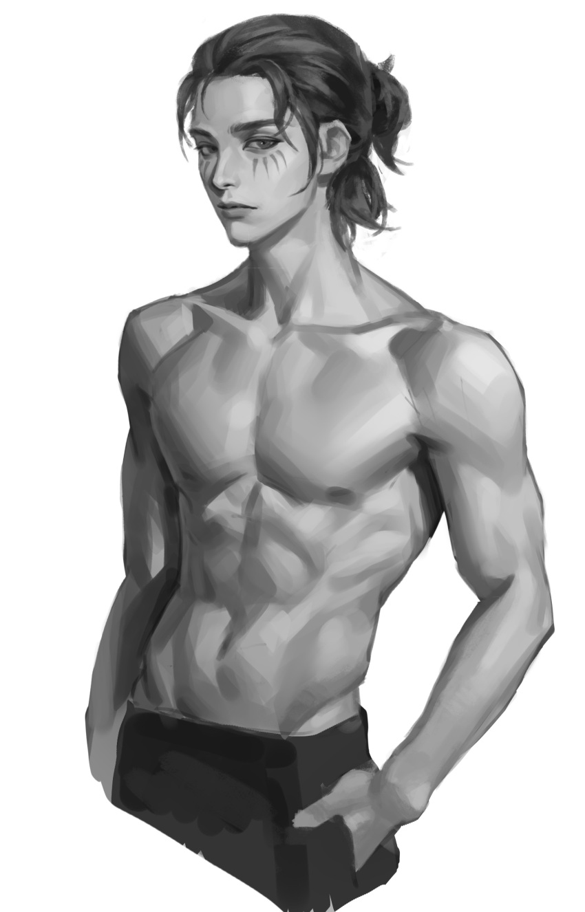 1boy absurdres bad_link bare_shoulders black_hair black_pants closed_mouth greyscale hand_in_pocket hands_in_pockets highres liu2e3ing looking_at_viewer male_focus monochrome muscular muscular_male original pants simple_background solo white_background