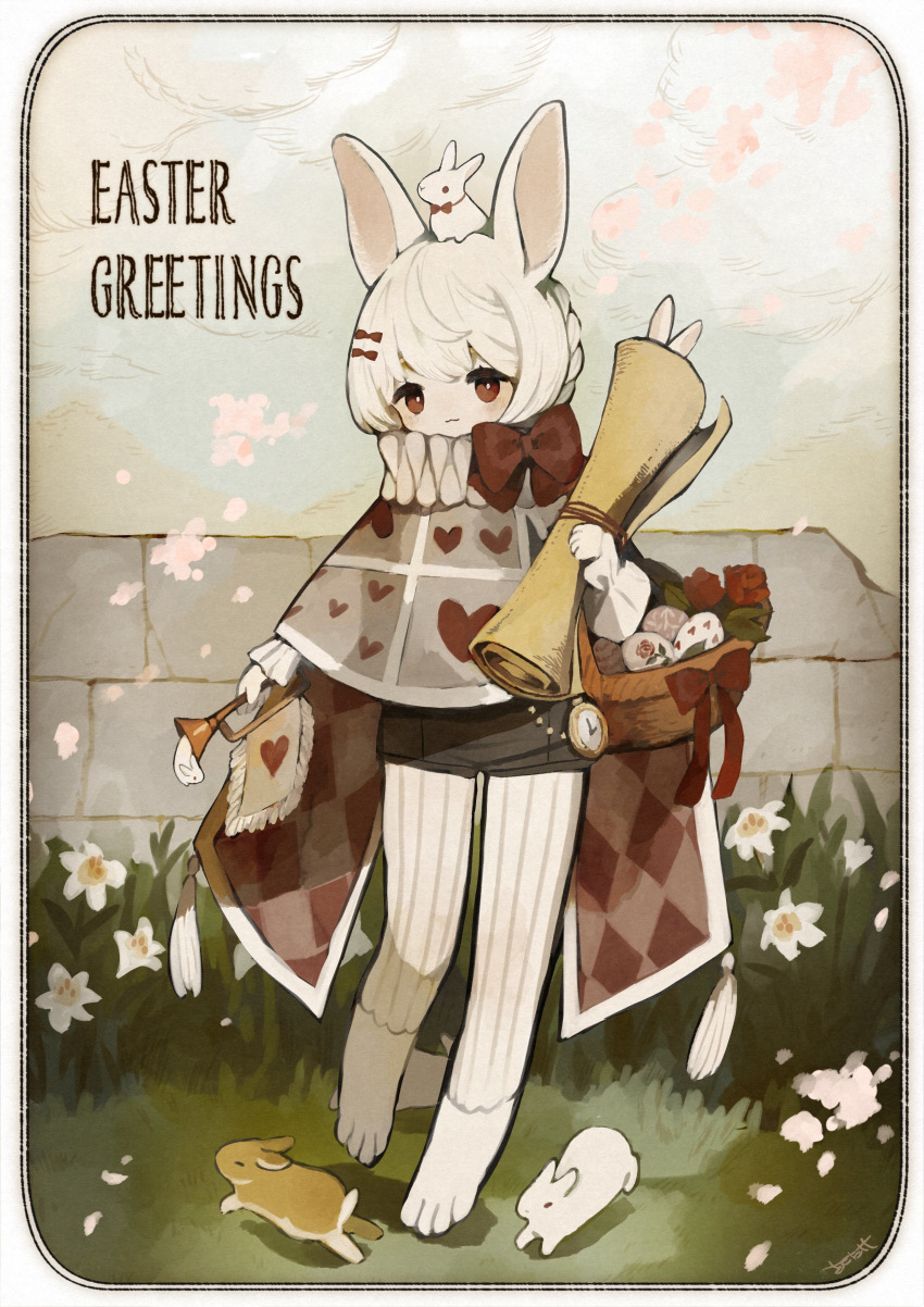 1girl :3 absurdres animal animal_ears animal_on_head barefoot basket blush bow braid bright_pupils broken_wall checkered_clothes closed_mouth clothing_request clouds commentary daffodil easter easter_egg egg english_commentary falling_petals flower french_braid frilled_sleeves frills grass grey_shorts hair_bow heart highres holding holding_basket holding_instrument holding_scroll horn_(instrument) instrument light_blush long_sleeves looking_at_viewer mountain neck_ruff on_grass on_head original outdoors petals picnic_basket rabbit rabbit_ears rabbit_girl red_bow red_eyes red_flower red_rose rose sakutake_(ue3sayu) scroll short_hair short_shorts shorts solo standing standing_on_one_leg stone_wall stopwatch striped_leggings vertical-striped_leggings white_hair white_pupils