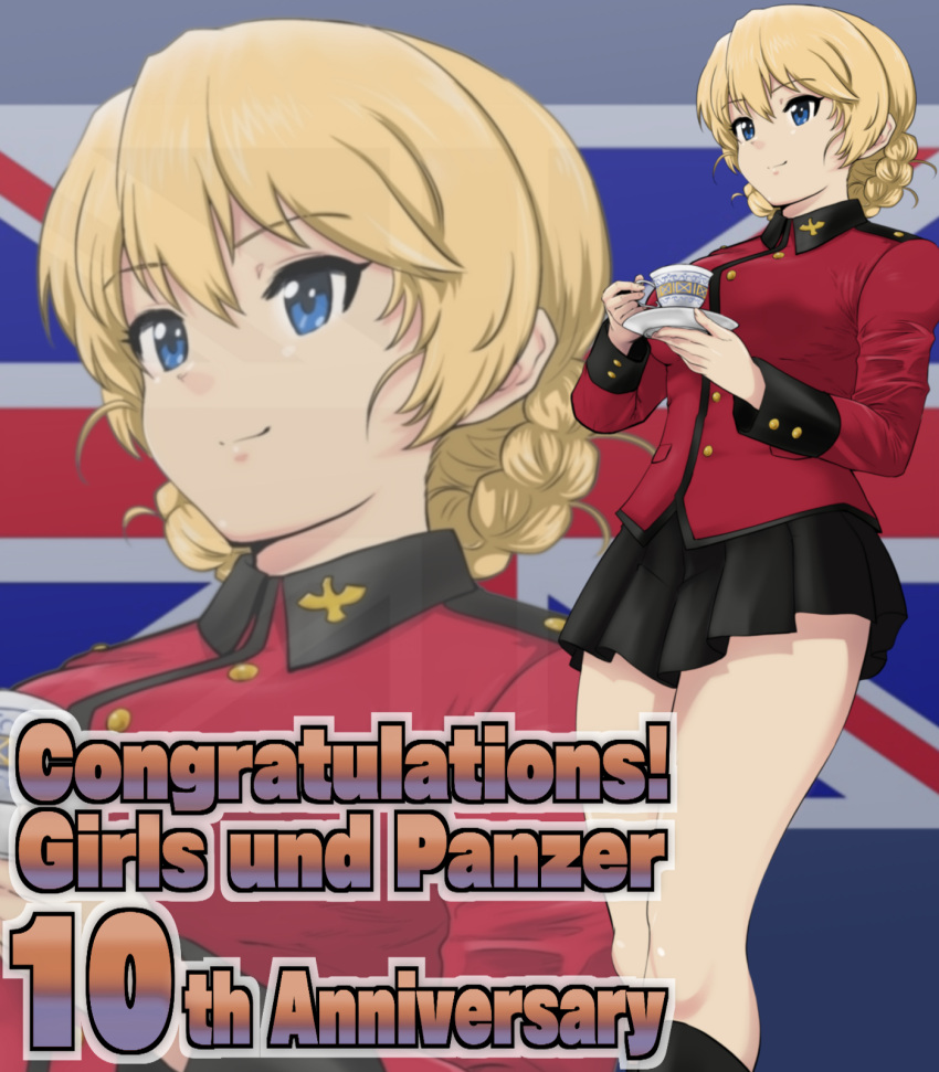 1girl anniversary black_footwear black_skirt blonde_hair blue_eyes boots braid closed_mouth commentary_request congratulations copyright_name cup darjeeling_(girls_und_panzer) english_text flag_background girls_und_panzer highres holding holding_cup holding_saucer jacket knee_boots long_sleeves looking_to_the_side military_uniform miniskirt partial_commentary pleated_skirt red_jacket saucer short_hair skirt smile solo st._gloriana's_military_uniform standing teacup twin_braids uniform union_jack yoyokkun zoom_layer