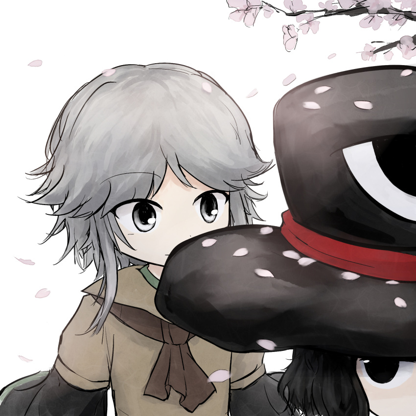 2others androgynous ascot black_eyes black_hair black_hat black_sleeves branch brown_ascot brown_coat brown_sleeves cherry_blossoms closed_mouth coat collared_coat commentary enraku_tsubakura eye_of_senri falling_petals flower grey_hair hashtag-only_commentary hat highres houlen_yabusame jinbei_(clothes) kuroda_(kurota_ne) layered_sleeves len'en light_smile long_sleeves looking_at_another looking_back medium_hair multiple_others other_focus petals pink_flower short_hair short_over_long_sleeves short_sleeves simple_background top_hat upper_body white_background wide_sleeves