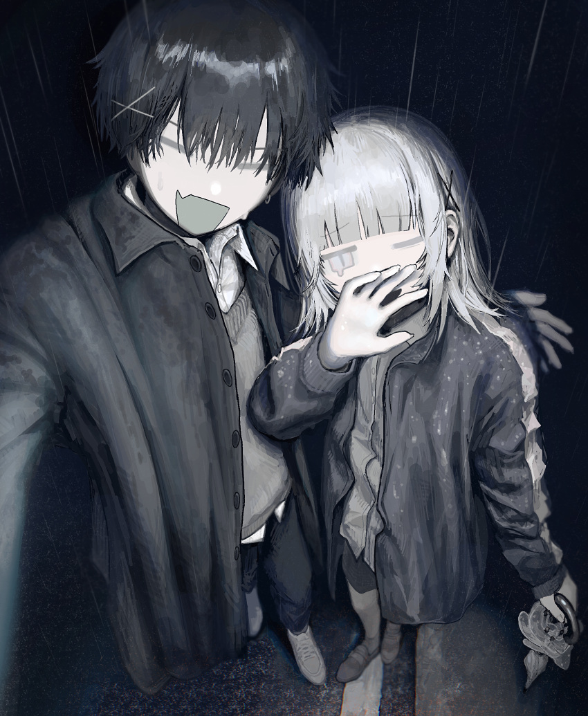 1boy 1girl :d absurdres arm_around_back blunt_bangs buttons closed_eyes closed_umbrella collared_jacket collared_shirt commentary_request facing_viewer foreshortening from_above giv_81 greyscale hair_between_eyes highres holding holding_umbrella ibispaint_(medium) jacket jitome long_hair looking_at_viewer looking_up making-of_available monochrome night one_eye_closed open_clothes open_jacket open_mouth original outdoors outstretched_arm pants rain road shirt shoes short_hair side-by-side sidelocks slit_pupils smile sweater umbrella v-neck walking